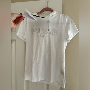 NWT Balmain hooded tee size small white metallic silver